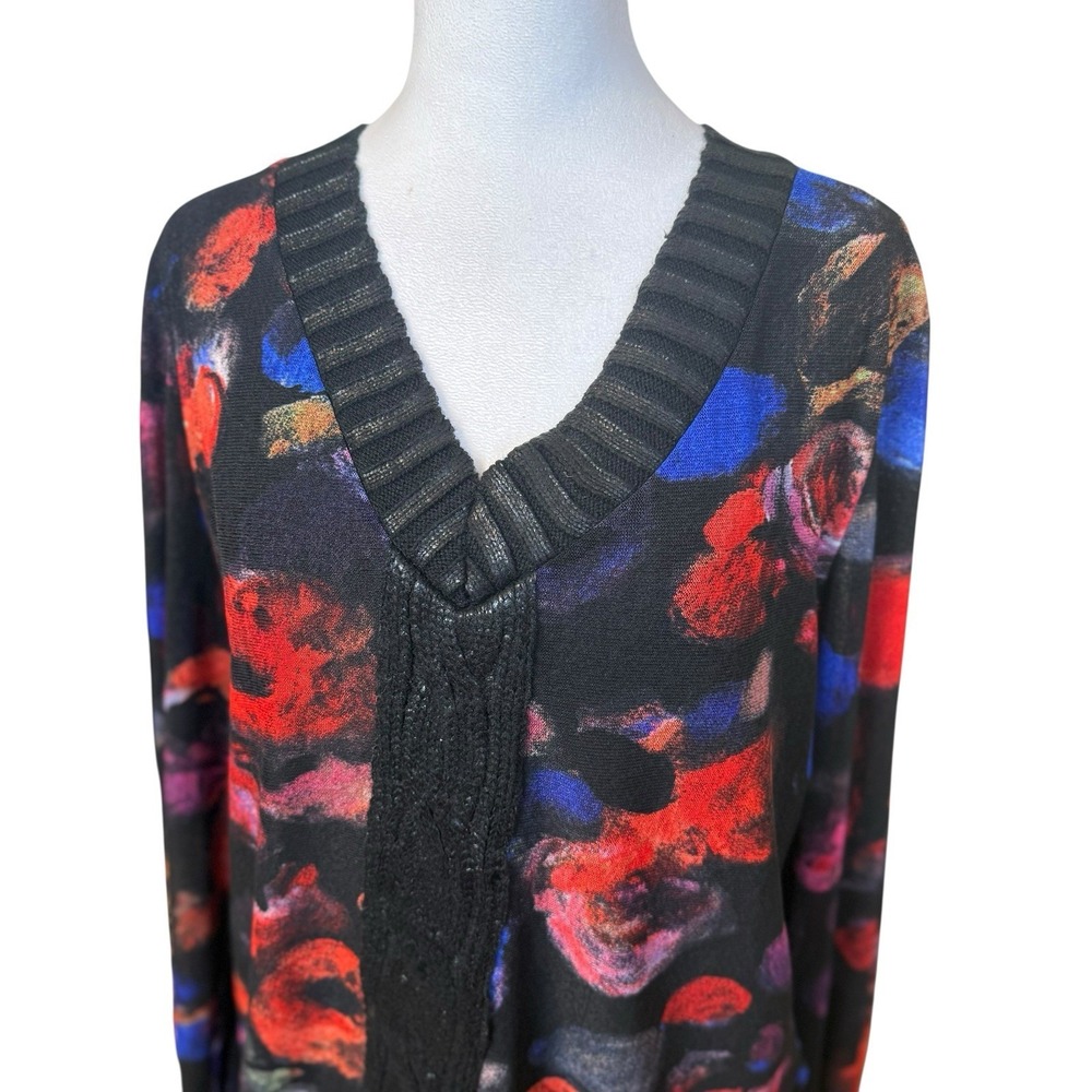 Alberto Malaki Black Floral V-Neck Sweater XL Sheer Sleeves & Back Lightweight